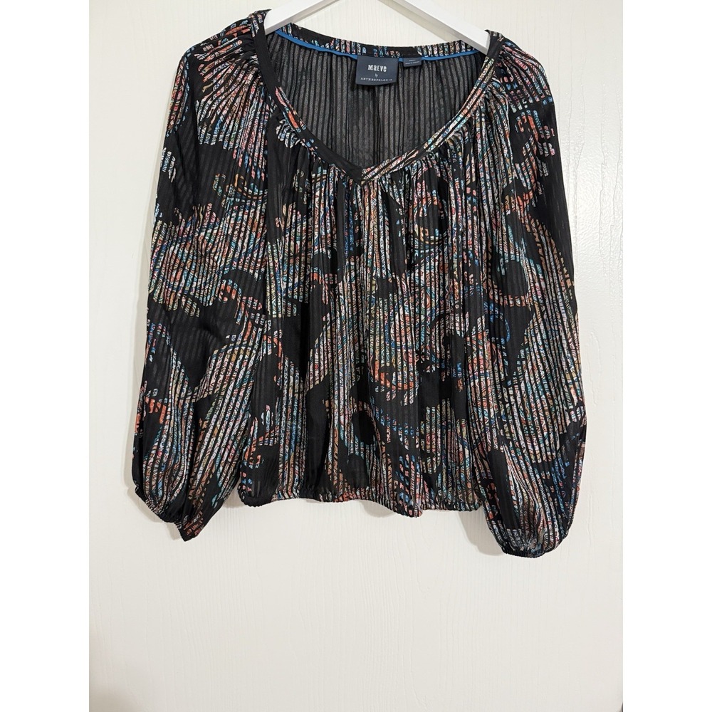 Anthropologie Maeve Blouse Women Madeira Burnout Paisley Striped Black Top SZ XS